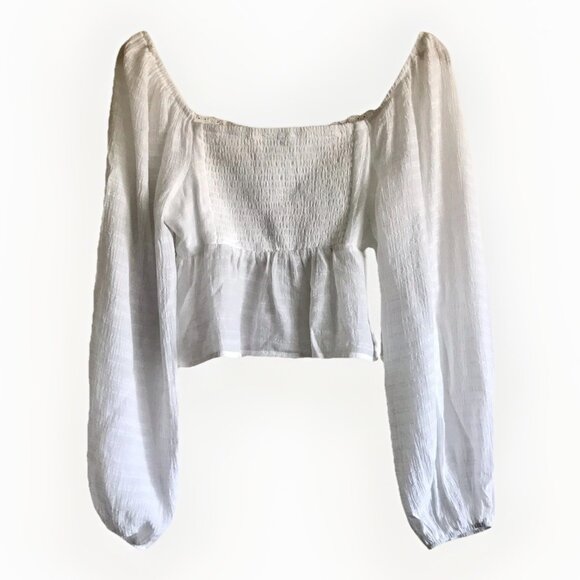 Beverly‎ and Beck Lily Long Puff Sleeve Smocked Babydoll Crop Top White Sz M - Picture 4 of 9